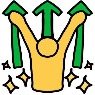 a yellow figure raising up their arms, a few sparkles around them. behind them are three green arrows pointing upwards.